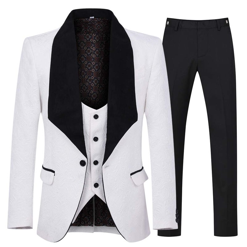YFFUSHI Men's 3 Piece Suit Slim Fit Jacquard Tuxedo 1 Button Shawl Collar Blazer Vest & Pants for Wedding Formal Prom White - Image 1